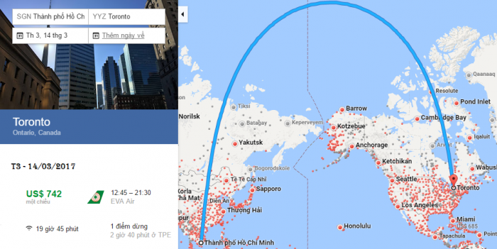 Bản đồ đường bay chặng HCM - Toronto, Canada