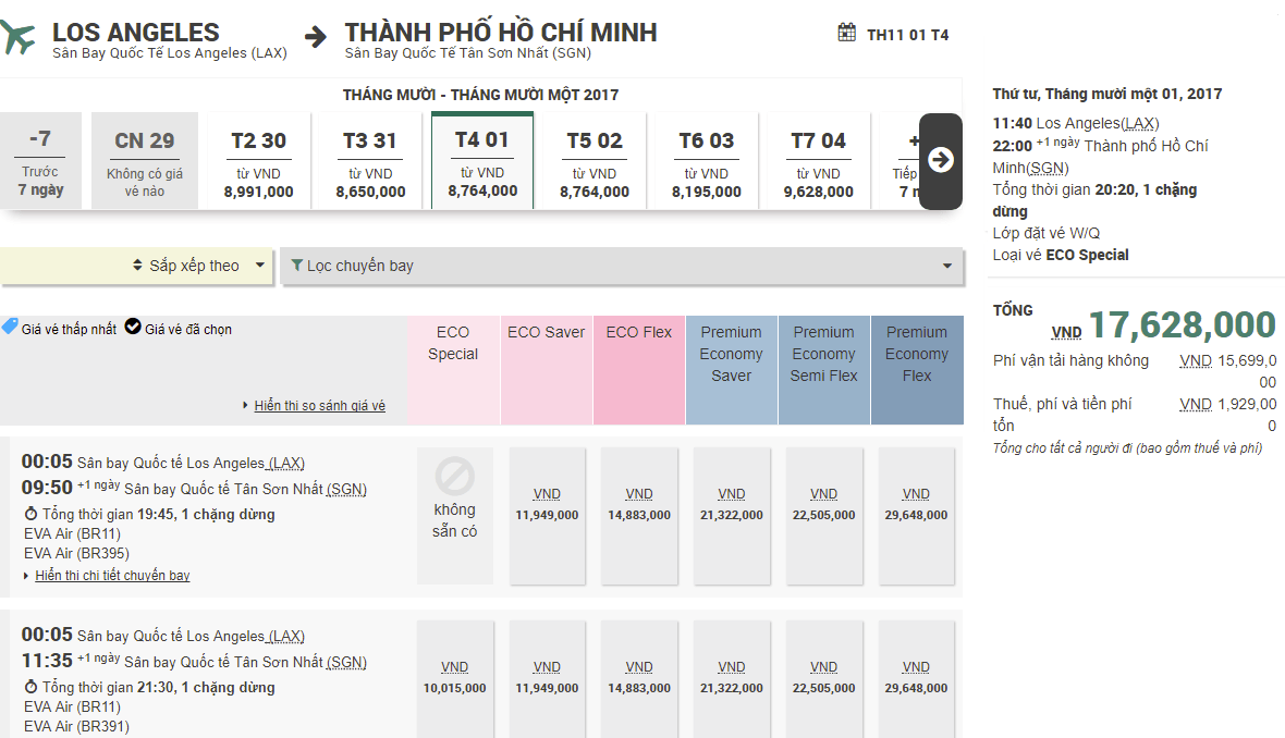 Hành trình Los Angeles - Hồ Chí Minh giá rẻ