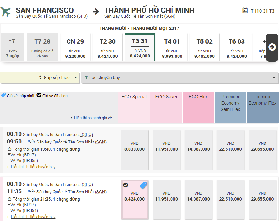 Vé EVA Air từ San Francisco về Hồ Chí Minh giá rẻ