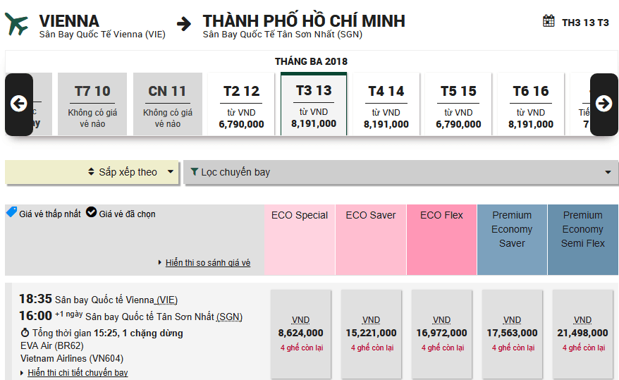 Mẫu đặt vé từ Vienna - TP. HCM